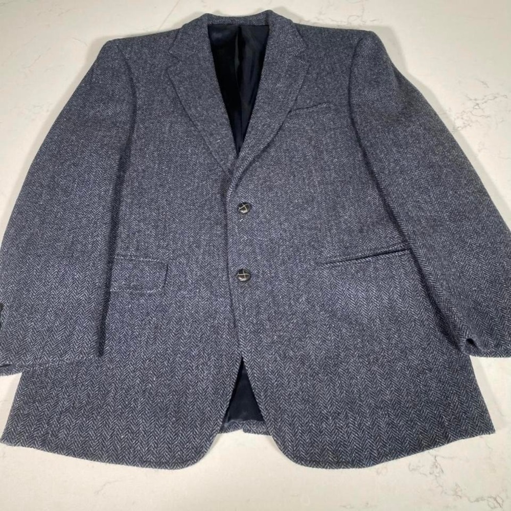 Jos A. Bank Harris Tweed Sport Coat Blue Herringbone 100% Wool Men's 41R